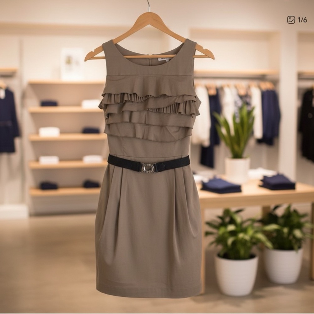 BCBGMAXAZRIA Stretch Poplin Ruffle Dress Belted Sleeveless